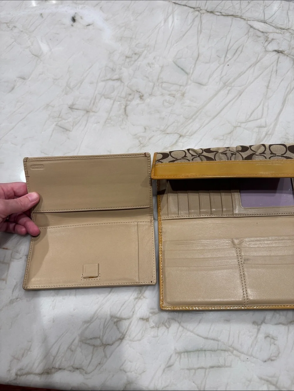 Coach Continental Wallet in Brown Signature Canvas with Yellow Patent Trim